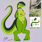 2025 absurd_res anthro areola balls big_breasts big_tail blush boomslang breasts brown_areola brown_nipples chastity_cage chastity_device claws collar collar_only color_swatch colubrid countershade_feet countershade_neck countershade_scales countershade_tail countershade_torso countershading dated digital_drawing_(artwork) digital_media_(artwork) digitigrade embarrassed eyelashes feet flat_chastity_cage flat_colors front_view genitals gradient_background green_balls green_body green_claws green_countershading green_eyes green_scales green_stripes gynomorph gynomorph_anthro hands_behind_back hi_res intersex intersex_anthro knock-kneed krita_(artwork) long_neck long_tail looking_at_viewer multicolored_body multicolored_scales navel nipple_piercing nipple_stud nipples non-mammal_breasts nude piercing pink_chastity_cage purple_collar reference_image reptile scales scalie signature simple_background sketchbook_(artwork) snake snout solo spe standing striped_body striped_scales stripes tail tapering_tail thick_tail thick_thighs toe_claws trans_(lore) trans_woman_(lore) ventral_scales wearing_chastity_cage wearing_chastity_device wide_hips