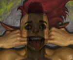  1girl artist_name baldur&#039;s_gate baldur&#039;s_gate_3 black_sclera colored_sclera colored_skin dungeons_&amp;_dragons female_goblin finger_in_own_mouth goblin green_eyes green_skin highres imminent_fellatio justsomenoob open_mouth penis penis_awe penis_shadow pointy_ears red_hair sazza_(baldur&#039;s_gate) sharp_teeth solo submission teeth tongue tongue_out 
