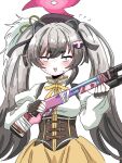  1girl animal_ears blue_archive commentary_request cosplay detached_sleeves grey_hair gun halo highres holding holding_gun holding_weapon long_hair looking_at_viewer magical_girl mahou_shoujo_madoka_magica mahou_shoujo_madoka_magica_(anime) michiru_(blue_archive) mizuhashi_kaori open_mouth puffy_short_sleeves puffy_sleeves pump_action raccoon_ears raccoon_girl raccoon_hair_ornament remington_870 short_sleeves shotgun simple_background smile solo sweatdrop tachikaze_miyako tomoe_mami tomoe_mami_(cosplay) tomoe_mami_(magical_girl) translation_request twintails upper_body voice_actor_connection weapon white_background yellow_eyes 