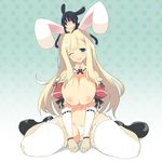  animal_ears bare_shoulders blonde_hair blue_eyes blush breasts bunny_ears cameltoe detached_collar frills gloves huge_breasts ikaruga_(senran_kagura) kaede_(sayappa) long_hair looking_at_viewer multiple_girls navel nipples one_eye_closed open_mouth panties pussy_peek senran_kagura senran_kagura_shoujo-tachi_no_shin'ei sitting smile thighhighs underwear wariza yomi_(senran_kagura) 