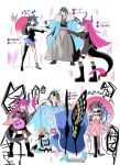  2boys 3girls aqua_haori arthropod_boy asymmetrical_gloves asymmetrical_horns bare_shoulders black_gloves black_hair black_leotard blue_cape blue_cloak blush breasts butterfly_hair_ornament butterfly_wings cape chibi choker cloak cosplay crest crown curled_horns curtained_hair diamond_hairband dragon_girl dragon_horns dragon_tail elizabeth_bathory_(fate) emo_fashion fate/extra fate/extra_ccc fate/grand_order fate/kaleid_liner_prisma_illya fate_(series) finger_cots flower_halo fur-trimmed_cape fur-trimmed_cloak fur_shawl fur_trim gameplay_mechanics gloves grey_hakama hair_ornament hakama haori haori_on_shoulders highres horns illyasviel_von_einzbern illyasviel_von_einzbern_(milk_fairy) insect_wings japanese_clothes jurassic_world keikenchi_(style) koha-ace kondou_isami_(fate) kuriimu0203 layered_gloves leotard long_hair marvel meme mini_nobu_(fate) miyu_edelfelt miyu_edelfelt_(swimsuit_lancer)_(third_ascension) multiple_boys multiple_girls oberon_(fate) oberon_(first_ascension)_(fate) oda_nobunaga_(fate) oda_nobunaga_(koha-ace) oda_uri open_mouth outstretched_arms parody pink_hair pointing pointing_at_another pointing_spider-man_(meme) pointy_ears prattkeeping_(meme) prisma_illya prisma_illya_(cosplay) punk red_eyes shawl shinsengumi shinsengumi_(fate) single_thighhigh small_breasts smile spider-man_(series) spread_arms tail thighhighs two-tone_one-piece_swimsuit uneven_gloves uneven_horns wings 