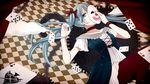  aqua_eyes aqua_hair card checkered checkered_background choker gears hatsune_miku karakuri_pierrot_(vocaloid) long_hair mask mizushiro_aoi pantyhose solo twintails vocaloid 