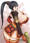  1girl armor ass black_hair bow_(weapon) breasts cleavage crossbow erect_nipples gigantic_breasts gloves gun highres huge_ass lian_shi long_breasts long_hair otogi_tetsurou ponytail shin_sangoku_musou solo standing weapon 