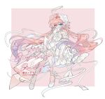  1girl absurdres ankle_lace-up artist_name bare_shoulders blue_eyes bonnet detached_sleeves dress full_body gloves halo heterochromia highres holding holding_letter letter long_hair melting_halo mochizuki_inochi original pink_hair red_eyes shoes short_sleeves simple_background sleeveless sleeveless_dress solo watermark white_bonnet white_dress white_gloves white_halo white_shoes white_sleeves 