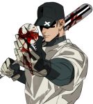  1boy arm_up ball baseball baseball_bat baseball_cap baseball_uniform black_hair black_hat black_shirt closed_mouth genichiro_cute gloves hat holding holding_ball holding_baseball_bat layered_clothes layered_sleeves long_sleeves male_focus medium_sideburns off_(game) shirt short_hair short_over_long_sleeves short_sleeves simple_background solo sportswear the_batter_(off) upper_body white_background white_shirt 