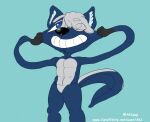 2019 ak1 animate_inanimate anthro black_nose blue_body blue_eyes countershading cyan_background fingers gloves_(marking) grey_body grey_countershading head_expansion inflatable living_inflatable male markings permanent_smile portrait pseudo_hair simple_background solo tail tentacles text three-quarter_portrait url white_tentacles zigs
