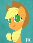  applejack_(mlp) blonde_hair cowboy_hat cyan_background english_text equine female feral fluttershythekind freckles friendship_is_magic fur green_eyes hair hat horse looking_at_viewer mammal my_little_pony open_mouth orange_fur plain_background pony smile solo teal_background text 