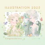  1boy 1girl 2025 :d artist_name blue_butterfly border bug butterfly closed_mouth colored_extremities commentary_request congratulations curtained_hair dress eyelashes fairy flower green_border green_eyes green_hair hair_ornament illustration.media leaf_hair_ornament long_hair open_hands open_mouth orange_butterfly original outside_border purple_butterfly red_butterfly ryokuno_green short_hair smile sparkle white_flower yellow_butterfly 