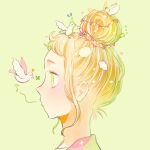  1girl animal bird bunting clover crown drawn_cloud eighth_note flag_hair_ornament flying_sweatdrops four-leaf_clover green_background green_eyes hair_bun light_particles musical_note original parted_lips portrait ryokuno_green short_hair sidelocks simple_background single_hair_bun solo sparkle spoken_musical_note squeans white_bird 