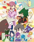  1boy 3girls absurdres arched_bangs black_hair blue_hair blush cardigan closed_eyes collared_shirt colored_inner_hair cowlick dot_(pokemon) excadrill eyelashes gloves green_hair hair_ornament hair_over_one_eye hairclip headphones headphones_around_neck highres holding hood hooded_vest hoodie it&#039;s_just_not_right! jacket lacey_(pokemon) liko_(pokemon) long_sleeves meowscarada minun multicolored_hair multiple_girls official_art open_clothes open_mouth pants pikachu pink_hair plusle pokemon pokemon_(anime) pokemon_horizons purple_eyes purple_hair purple_jacket quaxly red_gloves sableye shirt short_hair short_sleeves single_glove smile sweatdrop teeth tongue two-tone_hair uruto_(pokemon) vest white_shirt x_arms yellow_bag yellow_eyes 