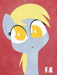  blonde_hair derpy_hooves_(mlp) english_text equine female feral fluttershythekind friendship_is_magic fur grey_fur hair horse looking_at_viewer mammal my_little_pony open_mouth plain_background pony red_background solo text yellow_eyes 