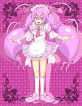  alternate_costume apron cure_happy hair_ornament hoshizora_miyuki jewelry kasetsu long_hair magical_girl maid maid_headdress necktie pink pink_background pink_eyes pink_hair pink_neckwear pink_skirt precure puffy_sleeves ribbon shoes skirt smile_precure! socks solo twintails wrist_cuffs 