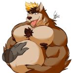  anthro belly big_belly canine daikitei disembodied_hand hand_on_stomach male mammal musclegut muscular muscular_male nude open_mouth pecs smile solo_focus standing tongue tongue_out 