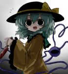  1girl bags_under_eyes black_eyes black_hat blood blood_on_knife eyeball frilled_shirt_collar frilled_sleeves frills green_hair hat hat_ribbon heart heart_of_string heripantomorrow holding holding_knife knife komeiji_koishi ribbon shirt smile solo third_eye touhou wide_sleeves yellow_ribbon yellow_shirt 