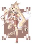  1girl aburaage animal_hat armlet bell blonde_hair breasts brown_eyes brown_hair brown_sandals dress eating extra_arms food food_in_mouth fox_girl fox_hat full_body gold_armlet gradient_hair hat holding holding_skewer jewelry jingle_bell medium_breasts mouth_hold multicolored_hair original red_dress sandals short_hair shorts shorts_under_dress skewer solo standing standing_on_one_leg thighhighs two-tone_hair yellow_shorts yellow_thighhighs yuki_dango 