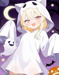  1girl 544962098 :d absurdres bat_(animal) blonde_hair crescent_moon dress fang ghost ghost_costume halloween halloween_costume hands_up highres hood hood_up hooded_dress jack-o&#039;-lantern long_sleeves looking_at_viewer medium_hair mesugaki moon night original pink_eyes sheet_ghost short_dress skin_fang sleeves_past_fingers sleeves_past_wrists smile smug star_(symbol) tree v-shaped_eyebrows white_dress 