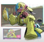  1girl aqua_hair bandeau black_mask black_pants blonde_hair blue_eyes blue_pants breasts canari_(pokemon) criss-cross_straps dark-skinned_female dark_skin game_screenshot_inset highres jacket long_sleeves looking_at_viewer mask mask_pull medium_breasts mega_stone mouth_mask multicolored_hair one_eye_closed pants parted_lips pokemon pokemon_legends:_z-a rotom rotom_phone shakeeeeeeeee short_twintails split-color_hair sports_bra twintails two-tone_hair two-tone_mask two-tone_pants yellow_bandeau yellow_jacket yellow_mask yellow_sports_bra 