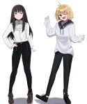  2girls absurdres ahoge alternate_costume arcueid_brunestud arm_at_side arms_up ascot black_pants black_shoes blonde_hair blush brown_hair brown_shoes collared_shirt coti_neko hair_intakes hairband hand_on_own_hip happy highres hood hoodie long_hair multiple_girls one_eye_closed pants posing red_eyes shirt shoes short_hair sleeve_cuffs smile tohno_akiha tsukihime tsukihime_(remake) white_hoodie white_shirt 