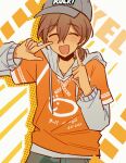  1boy :d ^_^ absurdres bailan1130 baseball_cap brown_eyes brown_hair camouflage camouflage_pants character_name chinese_commentary closed_eyes clothes_writing commentary_request dark-skinned_male dark_skin double-parted_bangs drawstring english_text facing_viewer finger_to_cheek grey_hat grey_hoodie grey_pants hair_between_eyes halftone halftone_background hands_up hat hector_(omori) highres hood hood_down hoodie index_fingers_raised kel_(birthday)_(omori) kel_(faraway)_(omori) kel_(omori) layered_sleeves long_sleeves low_side_ponytail male_focus official_alternate_costume official_alternate_hairstyle omori open_mouth orange_shirt outline pants pointing pointing_at_self puffy_long_sleeves puffy_sleeves shirt short_hair short_over_long_sleeves short_side_ponytail short_sleeves side_ponytail simple_background smile solo standing straight-on upper_body white_background white_outline 