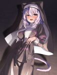  1girl absurdres animal_ears black_dress black_veil blush breast_curtains breasts buddhist_nun cat_ears cat_girl cat_tail dress highres hololive large_breasts long_hair long_sleeves looking_at_viewer nekomata_okayu nun open_mouth pelvic_curtain pink_hair purple_eyes smile solo tail thighhighs traditional_nun veil virtual_youtuber white_thighhighs woogi_(duguddnr) 