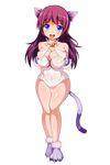  animal_ears bad_id bad_pixiv_id bare_shoulders bell blue_eyes breast_squeeze breasts cat_ears cat_tail full_body gloves highres karaage_teishoku_(regret1994) large_breasts long_hair looking_at_viewer navel original red_hair smile solo swimsuit tail thigh_gap transparent_background white_swimsuit wide_hips 