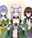  3girls aircraft airplane animal_ears azur_lane black_hakama black_skirt blue_eyes blue_hair clothes_writing crossed_arms crossover dog_ears dress e16a_zuiun faceless faceless_male gotland_(kancolle) gotland_(zuiun_festival)_(kancolle) green_dress green_happi hakama highres historical_name_connection hyuuga_(azur_lane) hyuuga_(kancolle) hyuuga_(zuiun_festival)_(kancolle) hyuuga_kai_ni_(kancolle) japanese_clothes kantai_collection long_hair looking_at_viewer metronome multiple_girls name_connection nejiri_hachimaki ponytail red_eyes roshi_chen sarashi skirt white_hair 