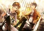  ascot belt black_hair boots brown_eyes brown_hair emblem eren_yeager futaba_hazuki grey_eyes levi_(shingeki_no_kyojin) multiple_boys paradis_military_uniform shingeki_no_kyojin short_hair sword thigh_boots thigh_strap thighhighs three-dimensional_maneuver_gear weapon 