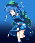  absurdres backpack bag blue_background blue_eyes blue_hair blush boots bubble fps hair_bobbles hair_ornament hat highres kawashiro_nitori key open_mouth short_hair skirt smile solo touhou two_side_up 