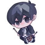  1boy antenna_hair black_eyes black_hair black_pants black_shoes black_suit bow_(music) chibi chibi_only closed_mouth collared_shirt double-parted_bangs hair_between_eyes highres holding holding_bow_(music) holding_instrument holding_violin instrument long_sleeves looking_at_viewer male_focus natunoiro omori pants shirt shoes short_hair simple_background solo suit sunny_(omori) violin white_background white_shirt 