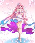  1girl absurdres aqua_hair breasts bridal_veil commentary cyrene_(honkai:_star_rail) cyrene_(ripples_of_past_reverie)_(honkai:_star_rail) diamond-shaped_pupils diamond_(shape) dress english_commentary floral_background flower gradient_hair hair_flower hair_ornament harukaaizawa high_heels highres honkai:_star_rail honkai_(series) large_breasts long_hair multicolored_hair open_mouth pink_hair purple_eyes smile solo symbol-shaped_pupils thighs veil very_long_hair white_dress white_hair 