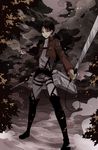  angel31424 ascot bad_id bad_pixiv_id black_hair boots dual_wielding emblem highres holding levi_(shingeki_no_kyojin) male_focus paradis_military_uniform shingeki_no_kyojin smoke solo survey_corps_(emblem) sword thigh_boots thigh_strap thighhighs three-dimensional_maneuver_gear training_corps_(emblem) tree weapon wire 