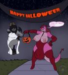  angel_costume animal_humanoid anthro back_wings bat belly breasts bulge clothing costume crocodilian crocodilian_humanoid darkartist demon demon_humanoid devil_costume dialogue duo female fyrtila_wraithrend_(morphide) gynomorph halloween halloween_costume hi_res holidays humanoid intersex long_nipples mammal nilee_(morphide) nipples overweight reptile reptile_humanoid scalie scalie_humanoid suid suine thick_thighs trick-or-treating wings 