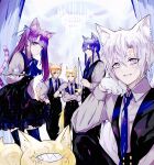  1girl 4boys abstract_background allen_walker animal_ears animal_hands arm_on_another&#039;s_shoulder black_dress black_pants black_thighhighs black_vest blonde_hair blue_bow blue_bowtie blue_eyes blue_hair blue_necktie blue_ribbon bow bowtie braid braided_ponytail buttons cat_ears cat_tail chandelier closed_eyes collared_shirt creature crossed_arms cup curtains d.gray-man dress dress_shirt earrings eyepatch facial_mark facing_another facing_viewer floating_earrings forehead_mark frilled_dress frills gloves golem_(d.gray-man) grey_shirt grin hair_between_eyes hair_over_shoulder hair_ribbon hand_in_pocket hand_on_own_chin highres holding holding_plate howard_link jewelry kanda_yuu lavi lenalee_lee long_hair long_sleeves looking_at_another looking_at_object looking_at_viewer looking_down low_ponytail multiple_boys necktie one_eye_covered open_mouth orange_hair pants parted_bangs parted_lips plate ponytail purple_eyes purple_hair red_eyes ribbon scar scar_across_eye scar_on_face sharp_teeth shirt short_dress short_hair sidelocks single_braid single_glove sitting smile sodamachi star_(symbol) star_facial_mark tail teacup teeth thighhighs thighs timcanpy twintails very_long_hair vest white_background white_gloves white_hair wings zettai_ryouiki 