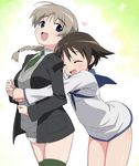  :d ^_^ blonde_hair blue_eyes braid brown_hair closed_eyes green_legwear heart hug hug_from_behind lynette_bishop miyafuji_yoshika multiple_girls necktie ootr open_mouth short_hair single_braid smile strike_witches sweater thighhighs world_witches_series 