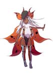  1girl aqua_eyes breasts commentary_request dark_skin full_body gen_5_pokemon huge_breasts long_hair looking_at_viewer multiple_wings outstretched_arm personification pokemon simple_background smile solo standing volcarona white_background white_hair wings 