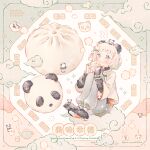  ! 1girl :&lt; animal_ears animal_on_head black_arm_warmers black_shoes blush closed_mouth cloud commentary_request cup eating food grey_pants jacket jewelry knees_up long_sleeves multiple_rings on_cloud on_head original panda panda_ears panda_girl pants ring ryokuno_green shoes short_hair sitting sparkle steamed_bun teapot translation_request watermark white_hair white_jacket wide_sleeves 
