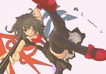  asymmetrical_wings black_hair black_legwear dress houjuu_nue ishikkoro looking_at_viewer one_eye_closed polearm red_eyes short_hair smile solo thighhighs touhou weapon wings zettai_ryouiki 