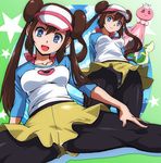  :d black_legwear blue_eyes breasts brown_hair crotch_seam double_bun frillish gen_5_pokemon hat legwear_under_shorts long_hair medium_breasts mei_(pokemon) open_mouth panties panties_under_pantyhose pantyhose pokemon pokemon_(creature) pokemon_(game) pokemon_bw2 raglan_sleeves shorts smile snivy spread_legs thighs twintails underwear upshorts visor_cap yuya 