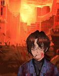  1boy 6+others alternate_costume bags_under_eyes beard black_sweater blood blood_on_clothes blood_on_face blue_jacket brown_hair building cigarette collared_jacket curtained_hair facial_hair falling floating_rock g_corp._(identity)_(project_moon) giant_hand glasses gregor_(project_moon) hair_intakes impaled jacket limbus_company low_ponytail medium_hair meme multiple_others mustache official_art_inset open_clothes orange_sky people ponytail project_moon red_eyes rubble ruins semi-rimless_eyewear sky sweater thousand_yard_stare twitter_username wmega_u 