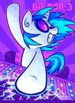  abstract_background ambiguous_gender anjila blue_hair colorful dj electricity english_text equine eyewear female feral friendship_is_magic fur glasses goggles hair horn horse instrument mammal my_little_pony pony record smile solo speakers sunglasses text turntables two_tone_hair unicorn vinyl_scratch_(mlp) white_fur 