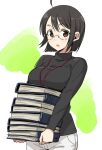  1girl balcony book book_stack breast_rest breasts brown_eyes commentary_request fujimaru_(bluebrand) glasses holding holding_book lanyard large_breasts open_mouth pants servant_x_service shirt short_hair solo turtleneck turtleneck_shirt upper_body white_pants yamagami_lucy 