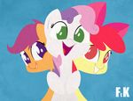  apple_bloom_(mlp) blue_background bow cub cutie_mark_crusaders_(mlp) english_text equine female feral fluttershythekind friendship_is_magic fur green_eyes hair horn horse looking_at_viewer mammal multi-colored_hair my_little_pony open_mouth orange_fur plain_background pony purple_eyes purple_hair red_eyes red_hair scootaloo_(mlp) smile sweetie_belle_(mlp) text tongue two_tone_hair unicorn white_fur yellow_fur young 