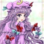  blush_stickers border bow crescent double_bun dress eyelashes gradient gradient_background hair_bow hat long_hair looking_at_viewer mob_cap nanashii_(soregasisan) open_mouth patchouli_knowledge purple_eyes purple_hair robe sideways_glance solo touhou very_long_hair white_background 