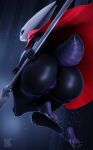 2_horns 3d_(artwork) 5_toes absurd_res anthro anus areola arthropod arthropod_abdomen big_butt black_body black_eyes breasts butt butt_focus cape cape_only clothing digital_media_(artwork) empty_eyes feet female genitals geodat glistening glistening_body hi_res holding_melee_weapon holding_object holding_polearm holding_weapon hollow_knight_(franchise) horn hornet_(hollow_knight) humanoid_feet insect melee_weapon mostly_nude mouthless night nipples non-mammal_breasts non-mammal_nipples non-mammal_vulva plantigrade polearm purple_anus purple_areola purple_feet purple_nipples purple_vulva rear_view red_cape red_clothing sky solo star starry_sky team_cherry thick_thighs toes vulva watermark weapon white_head