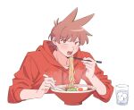  1boy alternate_eye_color animification antenna_hair blush bowl bright_pupils brown_hair choppy_bangs collarbone commentary cropped_torso cup drawstring eating eddsworld elbows_on_table fingernails food glass hair_between_eyes hair_horns hand_up holding holding_spoon hood hood_down hoodie ice ice_cube invisible_table looking_at_viewer male_focus mjsc_10 noodles open_mouth ramen red_eyes red_hoodie short_hair simple_background sleeves_rolled_up softboiled_egg solo spoon symbol-only_commentary teeth three-quarter_sleeves tongue tord_(eddsworld) v-shaped_eyebrows water white_background white_pupils 