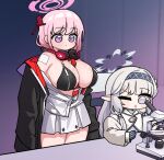  2girls :o between_breasts bikini black_bikini black_jacket blue_archive breasts cleavage closed_mouth commentary_request eimi_(blue_archive) golmonggu grey_hairband hair_ornament hair_tubes hairband halo headphones headphones_around_neck highres himari_(blue_archive) jacket korean_commentary large_breasts long_hair microscope miniskirt multiple_girls necktie necktie_between_breasts one_eye_closed open_clothes open_jacket partially_unbuttoned pink_hair pink_halo pleated_skirt purple_eyes red_necktie shirt sitting skirt standing swimsuit table white_hair white_halo white_jacket white_shirt white_skirt zipper_bikini 