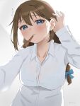  1girl amano_lier blue_bow blue_eyes blush bow bra_visible_through_clothes braid breasts brown_hair button_gap commentary food food_in_mouth hair_bow highres incoming_pocky_kiss large_breasts long_hair long_sleeves looking_at_viewer love_live! love_live!_nijigasaki_high_school_idol_club low_twin_braids mouth_hold osaka_shizuku pocky pocky_in_mouth shirt sidelocks smile solo tokimeki_no_mirai_chizu translated twin_braids upper_body white_shirt 
