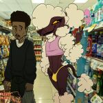 absurd_res accessory anthro bag bottomwear canid canine canis clothed clothing crop_top domestic_dog duo facial_hair goatee gold_(metal) gold_jewelry hair_accessory hair_tie heart_eyes heart_symbol hi_res hoodie human humanoid jewelry male mammal manolo_sanchez mushmushy mustache partially_clothed poodle shirt shorts smoking store thong topwear underwear