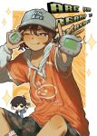  2boys ;q abstract_background baseball_cap black_eyes black_hair black_shorts blue_jacket border bright_pupils brown_eyes brown_hair camouflage camouflage_shorts closed_mouth clothes_writing collarbone collared_jacket dark-skinned_male dark_skin double-parted_bangs drawstring english_text feet_out_of_frame foreshortening grey_hat hair_between_eyes hands_up hashtag-only_commentary hat hector_(omori) highres holding holding_toy hood hood_down hoodie jacket kel_(birthday)_(omori) kel_(faraway)_(omori) kel_(omori) kneehighs layered_sleeves leg_hair long_sleeves looking_at_viewer male_focus multiple_boys official_alternate_costume official_alternate_hairstyle omori one_eye_closed open_clothes open_jacket orange_background orange_shirt outline outside_border puffy_long_sleeves puffy_sleeves shirt short-sleeved_jacket short_over_long_sleeves short_sleeves shorts simple_background sitting socks solo_focus sparkle sunny_(birthday)_(omori) sunny_(omori) tate_ware_anal tongue tongue_out toy v-shaped_eyebrows w white_border white_hoodie white_outline white_pupils white_shirt white_socks 