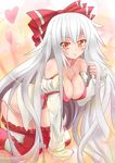  adapted_costume all_fours bare_shoulders body_blush bow bra breasts cleavage collarbone fujiwara_no_mokou hair_bow hand_in_hair heart large_breasts long_hair long_sleeves looking_at_viewer off_shoulder open_clothes open_shirt orange_eyes panties pants_down red_bra shiny shiny_skin shirt silver_hair solo touhou umarutsufuri underwear very_long_hair white_panties 
